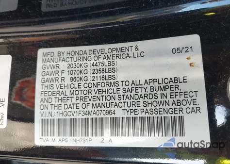 2021 Honda Accord Sport from USA, damaged, VIN 1HGCV1F34MA070964